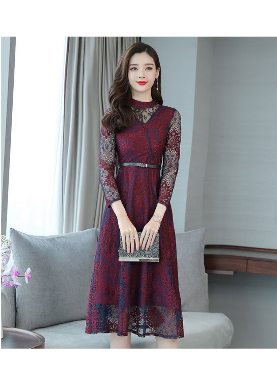 bellylady%20Women%20Cotton%20Lace%20Dress%20Fashion%20Long%20Sleeves%20Middle%20Waist%20A-line%20Skirt%20Elegant%20Mid-length%20Dress%20For%20Party%20Wedding%20-%20Image%204