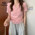 Women Cotton Sexy V-neck Blouse Drawstring Slim Fit Shirt Short Sleeves Solid Color Pullover Tops. 