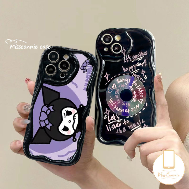 MissConnie Creative Sanrio Cute Kuromi 3D Wavy Curved Edge Case For Realme C25 C53 C35 C51 C12 5 8i 11 5i 7 5s 6i C11 C15 C17 C25Y C55 C21 C30 C21Y C25s C33 C3 C17 C31 C20 Graffiti English Letter Fashion Black Cover