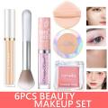 6PCS BEAUTY MAKEUP COMBINATION SETLiquid Eye Shadow+1PC Blush Brush+Lameila Monochrome Powder Blusher+Lameila Set Up Powder+SVMY ConcealerPowder Puff Air Cushion Sponge Makeup Egg. 