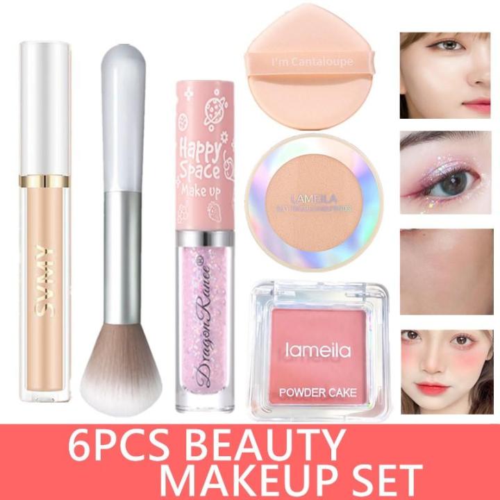 6PCS%20BEAUTY%20MAKEUP%20COMBINATION%20SETLiquid%20Eye%20Shadow+1PC%20Blush%20Brush+Lameila%20Monochrome%20Powder%20Blusher+Lameila%20Set%20Up%20Powder+SVMY%20ConcealerPowder%20Puff%20Air%20Cushion%20Sponge%20Makeup%20Egg%20-%20Image%202