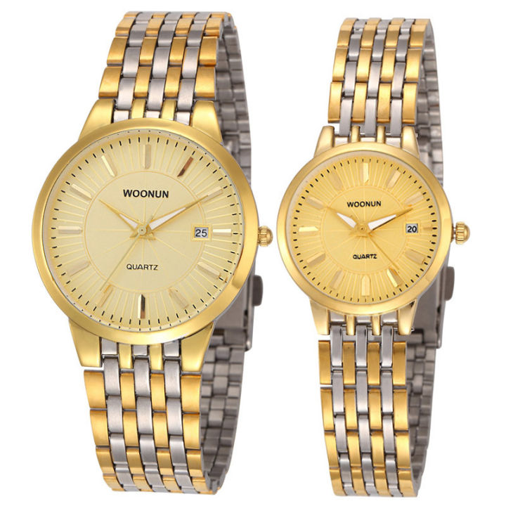 New Korean Style Business Steel Belt Local Gold Men's Watch   Fashion Couple Watch Gold Steel Strap Women's Watch