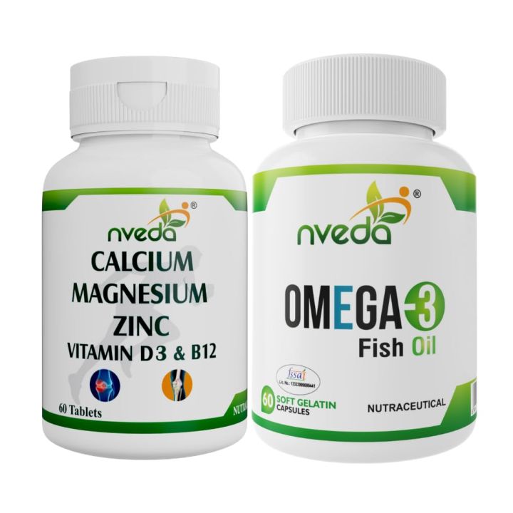 Nveda Omega 3 Capsule For Men and Women, Fish Oil 60 Capsules with Calcium, Magnesium, Zinc, Vitamin D & B12 for Healthy Heart, Eyes, Brain, Immunity, Bone & Joint Support, 60 Tablets (Combo Pack)(FROM INDIA)NUZ