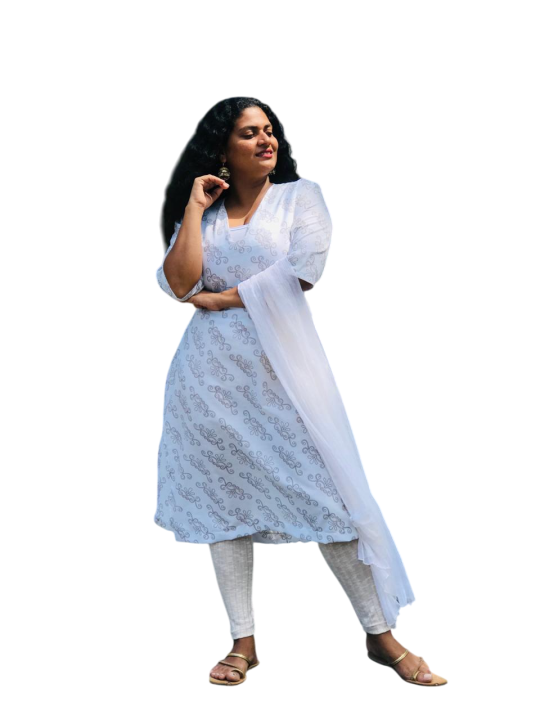Nessie%20Black%20V%20Neck%20White%20Floral%20Printed%20A%20Line%203/4%20Sleeve%20Kurta%20Fashion%20Women%20Clothing%20Traditional%20-%20Image%203