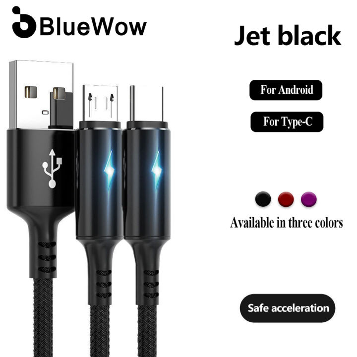 BlueWow 1.2M Fish Ribbon Light Fast Charging Cable Micro USB/Type-C Braided Data Cable Suitable for Huawei Xiaomi Samsung USB 5A Fast Charging Cable