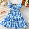 Yfashion Summer Short Sleeves Dress For Girls Cotton Elegant Printing Fashion Ruffled A-line Skirt Casual Breathable Dress. 