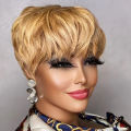 Brown Short Pixie Cut Wig Human Hair For Black Women Machine Made Wigs With Bangs Colored Brazilian Wig Human Hair Wigs. 