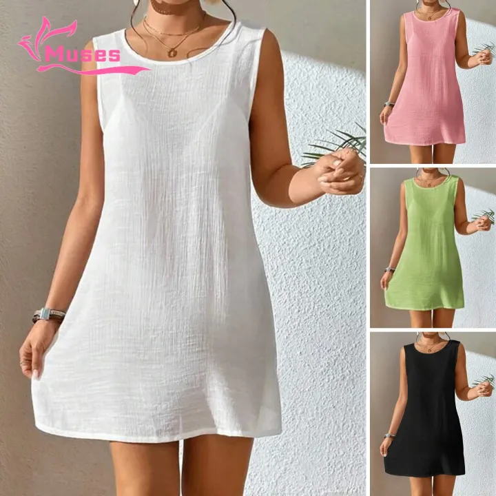 Muses Mall Polyester Sun Protection Clothing Sun Protection Beach Dress Backless Sleeveless Bikini Cover-up for Women Women Swim Cover-up