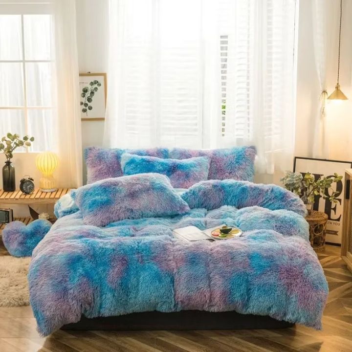 3%20In%201%20Fur%20Bed%20Sheet%20Set%20/%20Faux%20Fur%20Shaggy%20Comfortable%20Blanket%20(Without%20Padding)%20Home%20Decor%20Luxury%20Bedding%20Set%20Throw%20Rug%20Blue%20Rainbow%20Color%20-%20Image%204