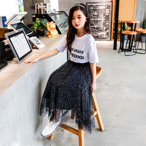 Girl's Miniskirt Mid-Length 2024 Summer New Middle and Big Children Korean Style Starry Skirt Overknee Dress Mesh Skirt