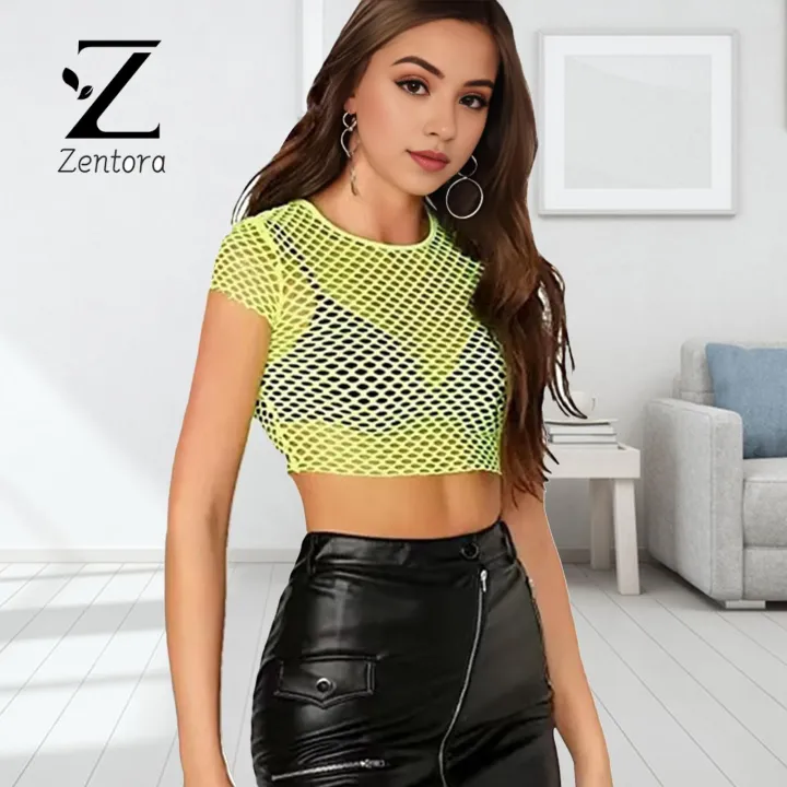 Zentora%20Sun%20Protection%20Crop%20Top%20Stylish%20Sheer%20Mesh%20Crop%20Top%20O-neck%20Short%20Sleeve%20Slim%20Fit%20Tee%20Shirt%20for%20Fashionistas%20Women%20Cropped%20Tops%20-%20Image%205