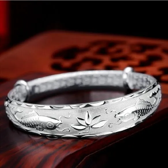%E3%80%90ZOSR%E3%80%91fashion%20Double%20fish%20lotusn%20woman%20kpop%20star%20Fine%20999%20Sterling%20Silver%20adjustable%20bracelet%20Bangles%20gift%20SZ17%20-%20Image%206