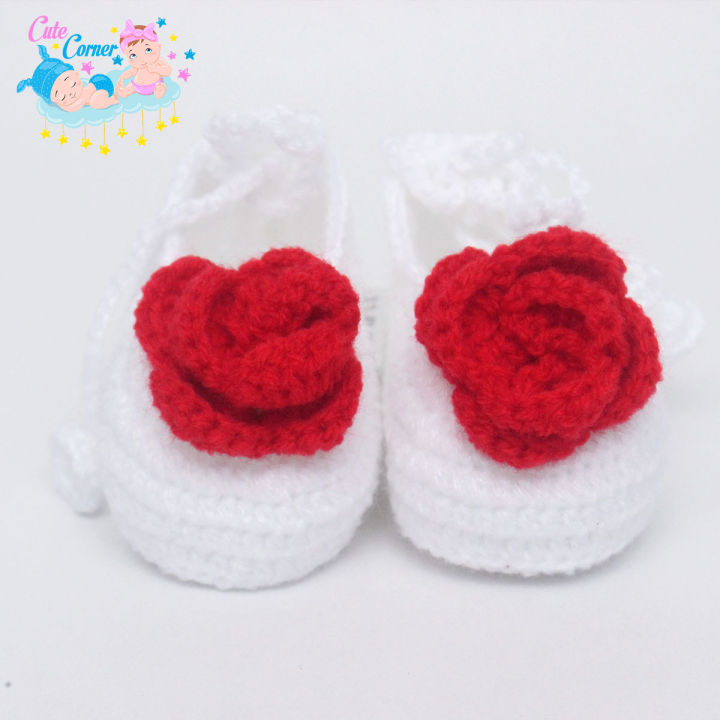 Crochet Baby Shoe Booty - For Baby Girls And Boys – Red & White – 0 to 6 Months Newborn