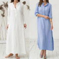 bellylady Women Dress Solid Color Cotton Linen Stand Collar Long Sleeve Casual Loose Long Skirt. 