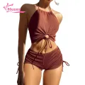 Muses Mall Summer Bikini Outfit Hollow Out Halter Bikini Set with High Waist Drawstring Trunks Women's Beachwear Set for Summer Fun 2pcs/set. 
