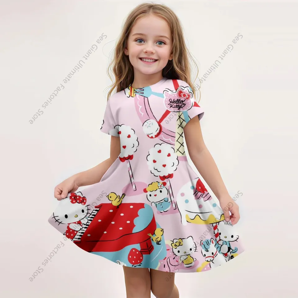MINISO New Summer Girls Dress Fashion Cartoon Cute Cinnamoroll Hello Kitty  3D Printing Dress Kid Short Sleeve Princess Clothing | Daraz.lk