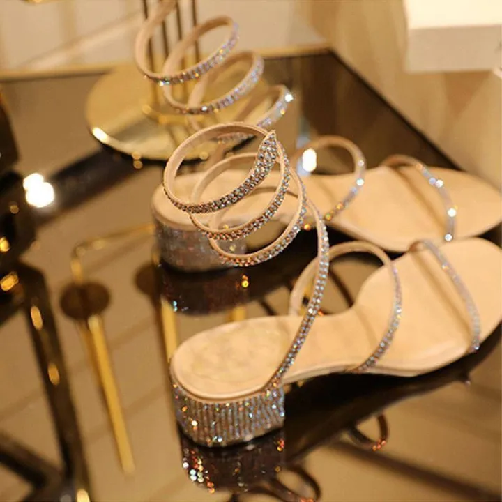【ZOSR】 Gladiator sandals for women Ladies lace-up sandals 2022 new rhinestone snake -shaped belt sandals female summer rough -toe Roman entanglement and tie around the fairy style
