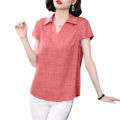 bellylady Women Cotton Plus Size Blouse Summer Short Sleeves V Neck T-shirt Casual Cotton Linen Loose Tops. 