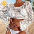 Women Cover Up Tops Stylish Hollow Fishnet Design Cover Up Top for Women Quick-drying Breathable Blouse for Beachwear Loose Fit Round Neck Long Sleeve Shirt Absorbent Cover-up. 