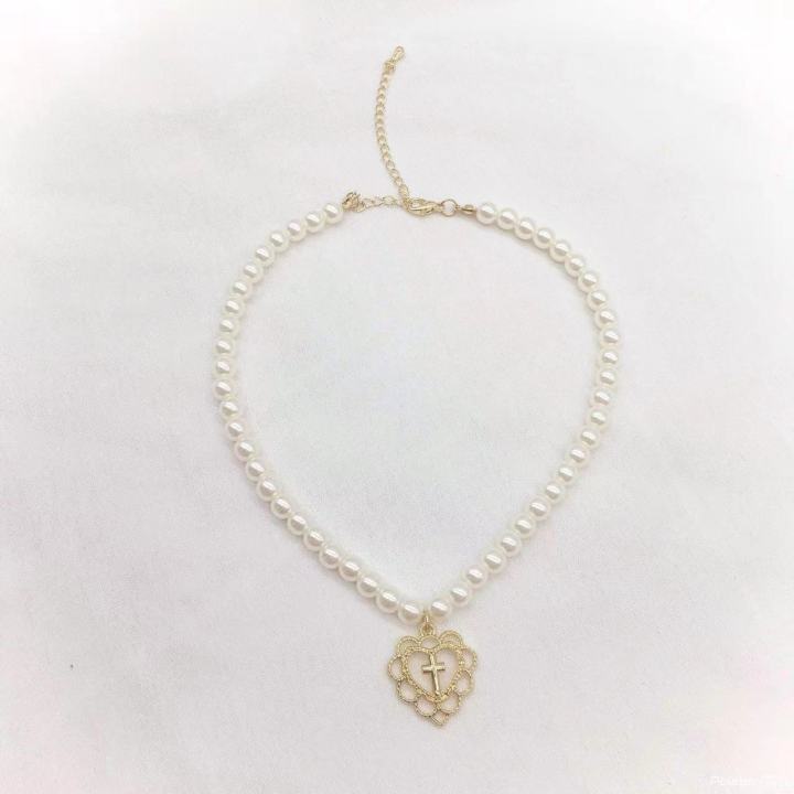 【Special offer】Vintage Girl's Court Hollow Love Cross Pendant Pearl Necklace Chockr Clavicle Chain Necklace Women