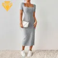 Solid Color Square Neckline Dress Square Neck Knitted Midi Dress for Women Summer Party Commute Dress Women Dress. 