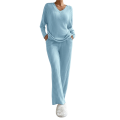 Womens Ribbed Knit 2 Piece Sets Long Sleeve Sweater and Wide Leg Pants Loungewear Pajamas Set. 