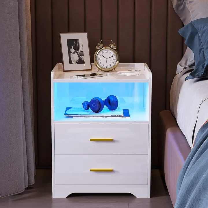 VTEC HOME Modern Lighted Bedside Table with 2 drawers / Side Table / End Table /Nightstand / Bedside Cabinet / Bedroom Furniture / Drawer Cupboard / Modern Furniture / Living Room Furniture / Lighted Furniture / Modern Bedside Cupboard - WLBC 1600
