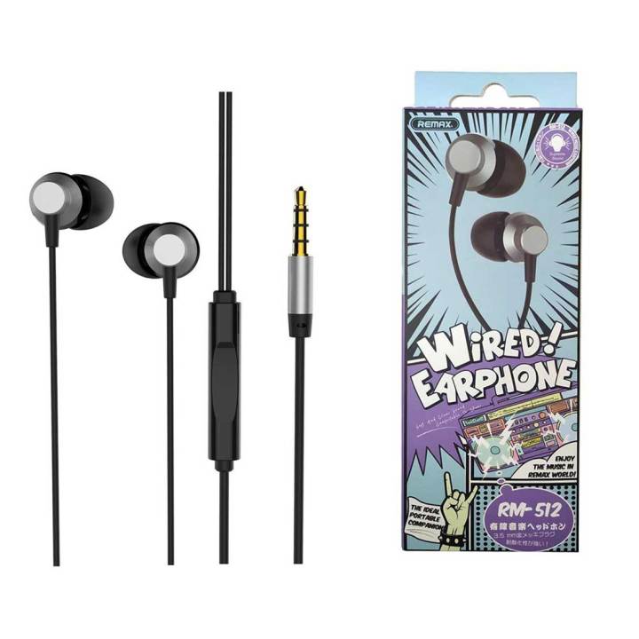 Remax RM-512 3.5mm Jack Wired In-Ear Earphone High-Quality Supreme Sound Noise Cancellation Built-In Microphone Lightweight 1.2m Cable Comfortable Wearing Soft Earbuds Black Earphone