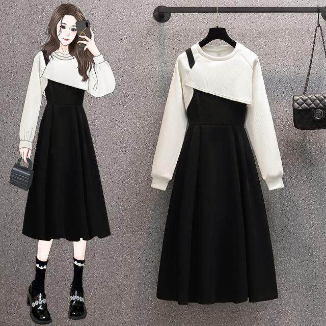 Shirt shirt two-piece design short sweatshirt lining covering flesh suit autumn fat woman slim and large size slip dress