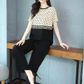 Yfashion 2 Pcs Women Outfits Polka Dot Printing Stitching Short Sleeve T-shirt Long Wide Leg Pants Fashion Casual Sportswear Suit \u989c\u8272. 
