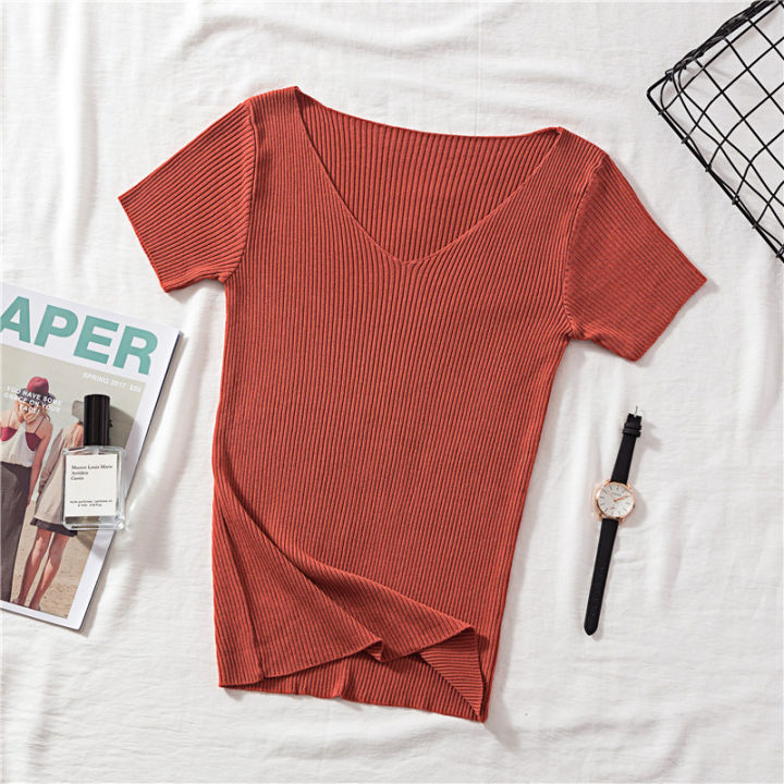 Rings%20Diary%20Women%20Soft%20Rib%20Knit%20Tees%20Summer%20Knitting%20V%20Neck%20Short%20Sleeve%20Slim%20Fit%20Basic%20Tshirts%20Retro%20Basic%20Going%20Out%20Cute%20Tops%20-%20Image%202