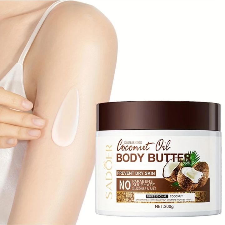 SADOER Coconut Oil Body Butter 200g – Deep Moisturizing Cream with Plant Squalane, Glycerin & Vitamin E, Hypoallergenic Body Lotion for All Skin Types