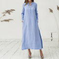 bellylady Women Dress Solid Color Cotton Linen Stand Collar Long Sleeve Casual Loose Long Skirt. 