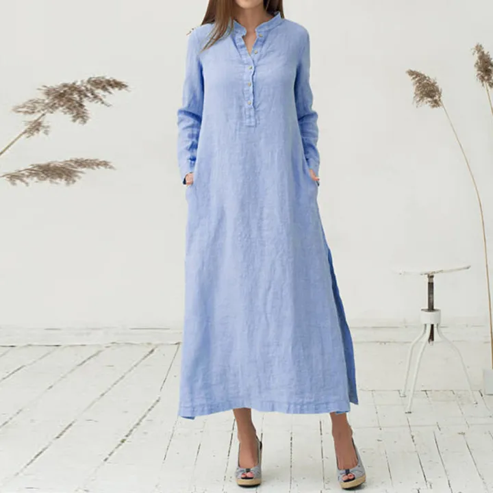 bellylady%20Women%20Dress%20Solid%20Color%20Cotton%20Linen%20Stand%20Collar%20Long%20Sleeve%20Casual%20Loose%20Long%20Skirt%20-%20Image%203