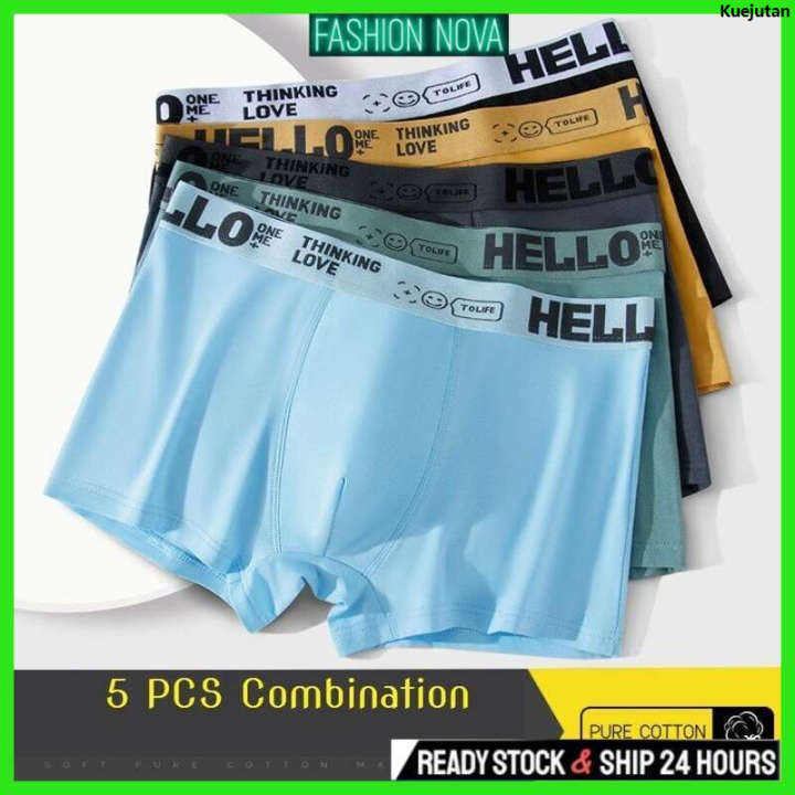 KuejutanOriginal Fashion Nova Ready Stock Mens Underwear Cotton Trend Hello Breathable Spender Lelaki Large Size Boxer Briefs for Men