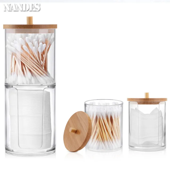 Storage%20Box%20Bathroom%20Jar%20Makeup%20Organizer%20Cotton%20Pad%20Holder%20Cotton%20Holder%20Dispenser%20with%20Bamboo%20Lid%20Clear%20Plastic%20-%20Image%202