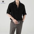 ACHS AWAKE Short-Sleeved Shirt Men's Spring and Summer Ruoshuai High-Grade Korean Style Trendy Casual Ice Silk 3/4 Sleeve Shirt. 