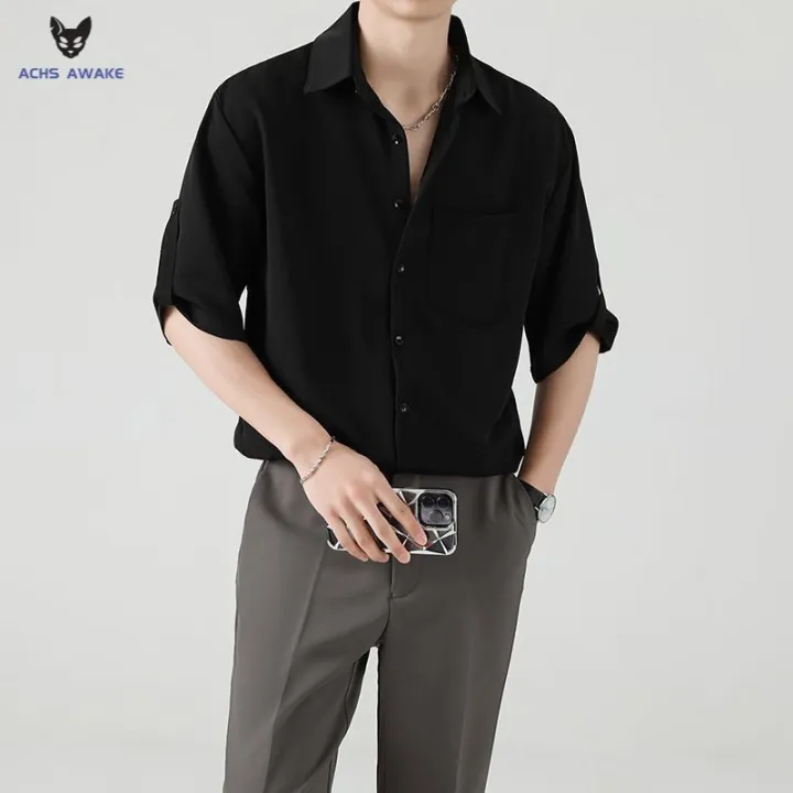 ACHS%20AWAKE%20Short-Sleeved%20Shirt%20Men's%20Spring%20and%20Summer%20Ruoshuai%20High-Grade%20Korean%20Style%20Trendy%20Casual%20Ice%20Silk%203/4%20Sleeve%20Shirt%20-%20Image%206