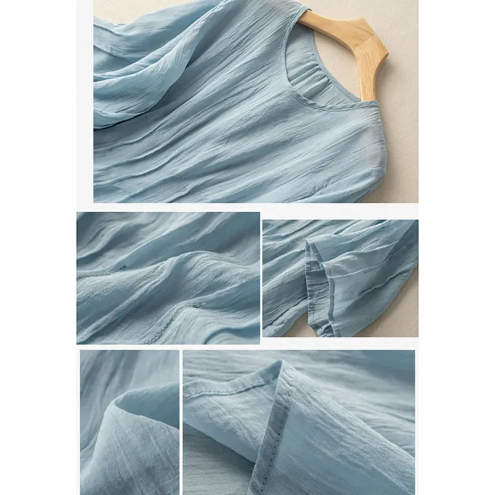 Women%20Cotton%20Cotton%20Linen%20Shirt%20Summer%20Breathable%20Half%20Sleeves%20Tops%20Round%20Neck%20Pullover%20Solid%20Color%20Blouse%20-%20Image%206