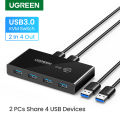 UGREEN USB 3.0 Sharing Switch Selector 4 Port 2 Computers Peripheral Switcher Adapter Hub for PC, Printer, Scanner, Mouse, Keyboard with One Button Swapping and 2 Pack USB Male Cable. 