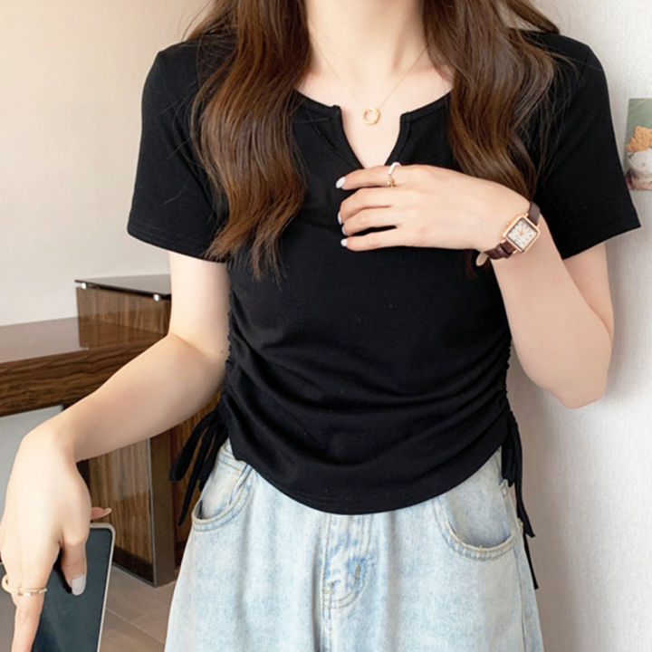 Women%20Cotton%20Sexy%20V-neck%20Blouse%20Drawstring%20Slim%20Fit%20Shirt%20Short%20Sleeves%20Solid%20Color%20Pullover%20Tops%20-%20Image%204