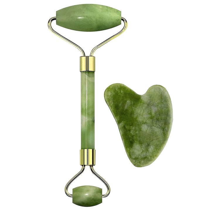 Jade Roller and Gua Sha set Spa Grade Face Massager Tool 100% Authentic Stone Reduces Puffiness Wrinkles Reveals