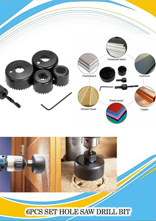 6PCS Set Hole Saw Drill Bit Kit Wood Aluminium Plaster Board