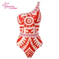 Muses Mall Women One-shoulder Swimsuit Ethnic Print One Shoulder Monokini Pants Set for Women 2 Pcs/set Swimwear Sun Protection Swimsuit. 