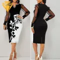 V-neck Mesh Panel Dress Floral Print V Neck Lace Patchwork Bodycon Dress Elegant Slimming. 