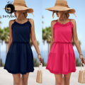 bellylady Women Summer Spaghetti Strap Dress Sleeveless Backless Solid Color Swing Mini Dresses A Line Short Dress. 