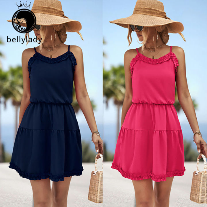 bellylady Women Summer Spaghetti Strap Dress Sleeveless Backless Solid Color Swing Mini Dresses A Line Short Dress Daraz.lk