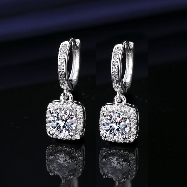 Live Hot Selling Fashion Popular Princess Square Bag 1 Karat Imitation Moissanite Silver Earrings Women's Zircon Ear Buckle Earrings