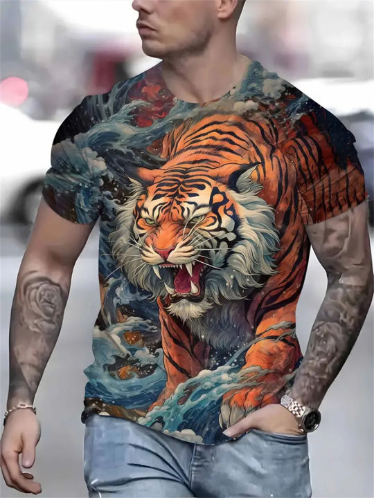 Men T-Shirt Summer Loose and Breathable Short Sleeve Lion Print Tops Round Neck Fashion Clothing Men Clothing Low Price T-Shirt