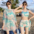 Yfashion 3pcs Women Cotton Bikini Set With Long Sleeves Sunscreen Cover-up Sweet Printing Sleeveless Tops Shorts Suit. 